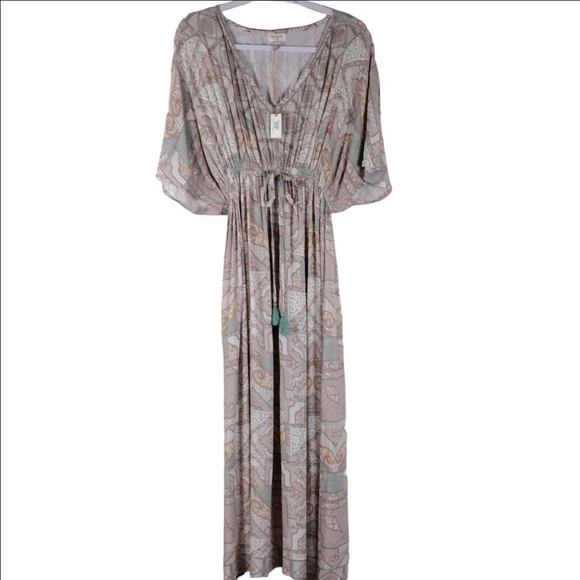 World Market Salmon Paisley Multicolor V-Neck Flare Short Sleeve Maxi Dress - Picture 1 of 16
